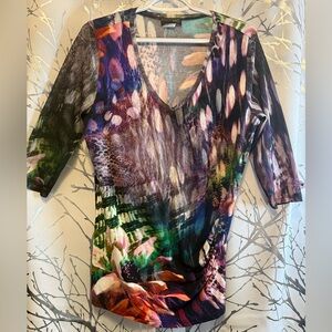 Colorful Women's Top with 3/4 transparent sleeves.